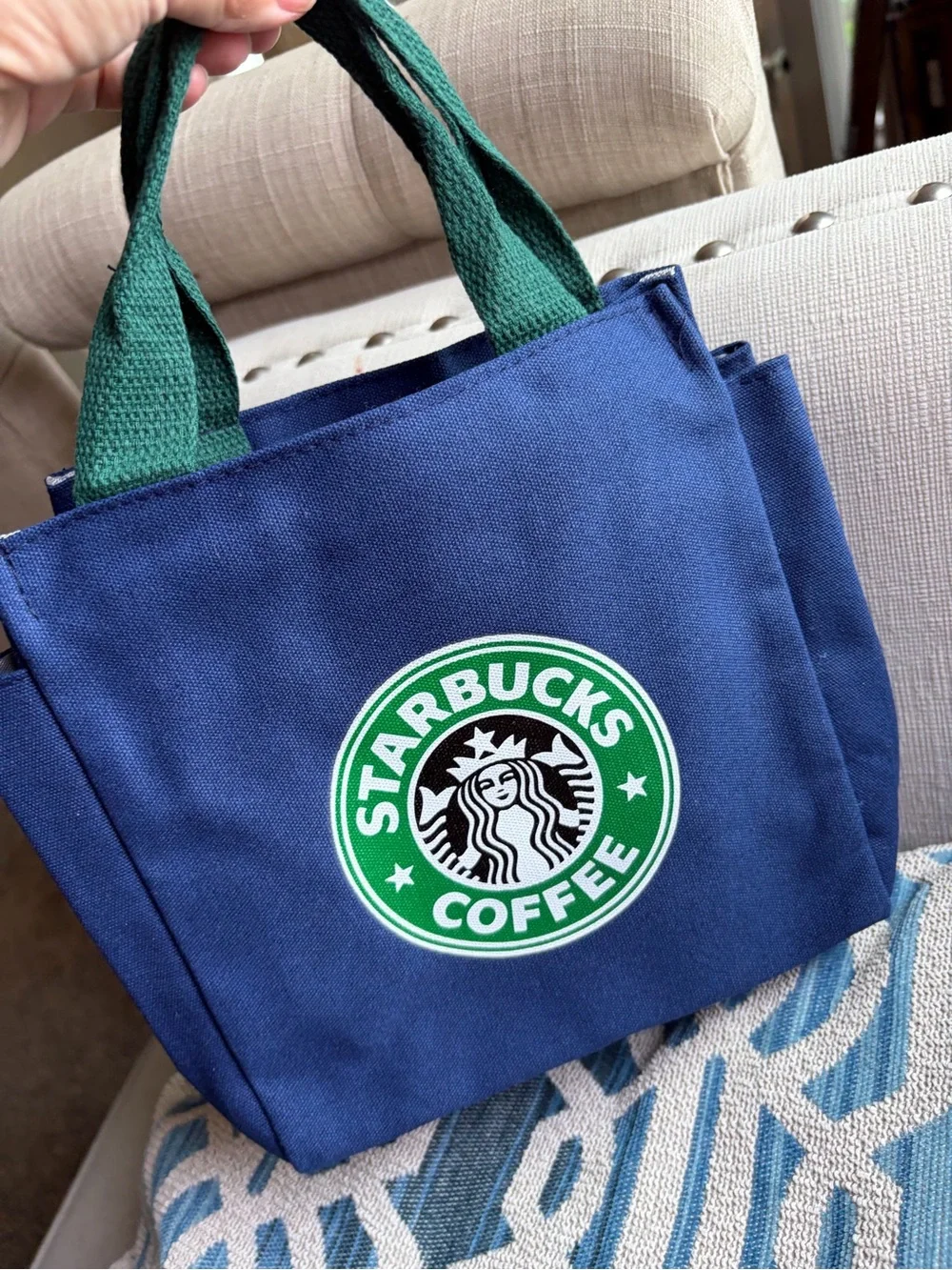 Starbucks Navy Canvas Tote with Green Handles